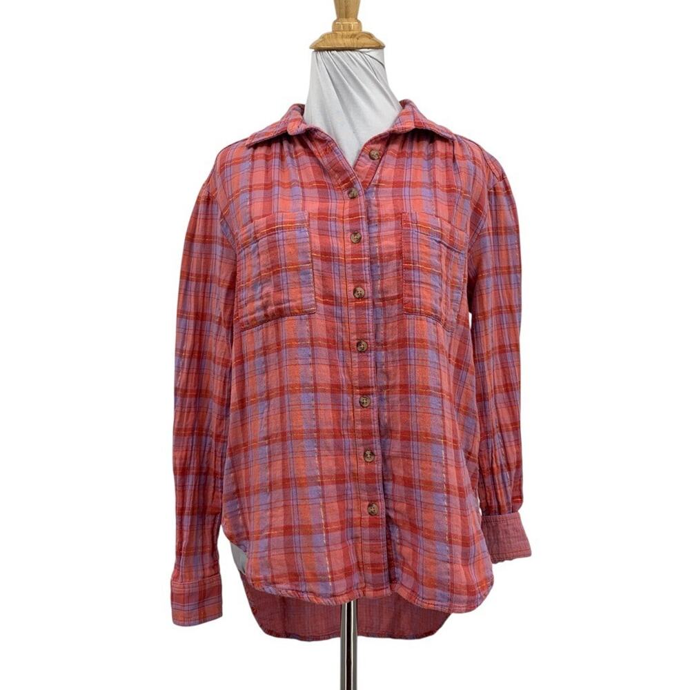 Seen Worn Kept Top Womens 4P Petite Metallic Plaid Flip Cuff Button Up High Low